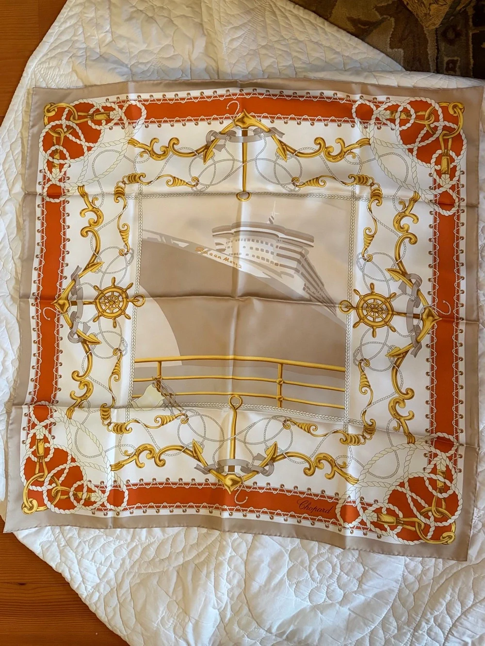 Chopard Nautical Print Square Silk Scarf in White, Orange, Gold - Picture 1 of 3